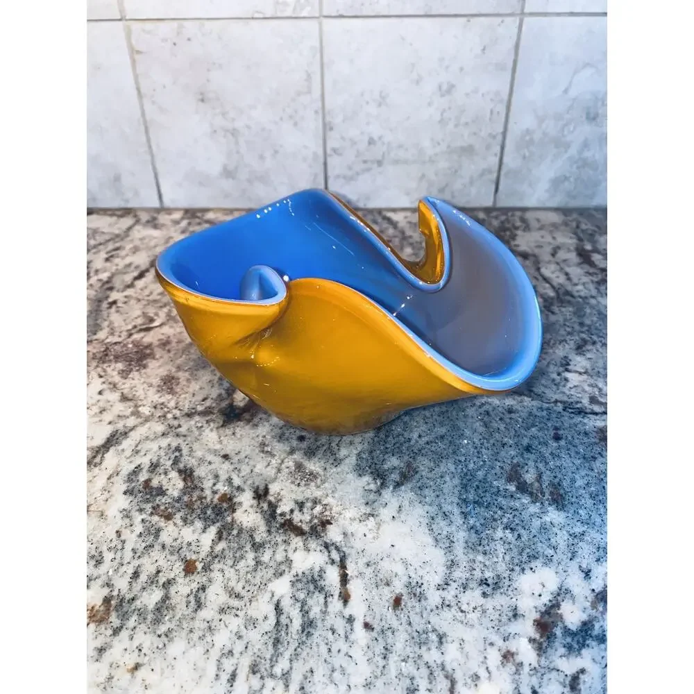 Handblown Vase Cobalt Blue & Orange Ruffled Handkerchief Top 7” X 4” Art Glass